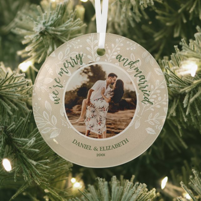 Merry and Married Photo Ivory Glass Tree Decoration (Insitu)