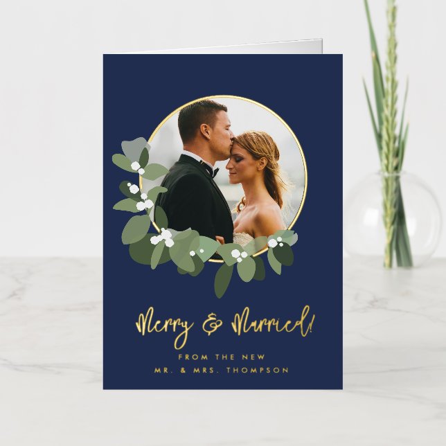 Merry and Married Photo Wreath Gold Green Blue Foil Holiday Card (Front)