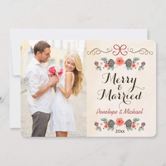 Merry and Married Pine Cone Photo Holiday Card (Front)