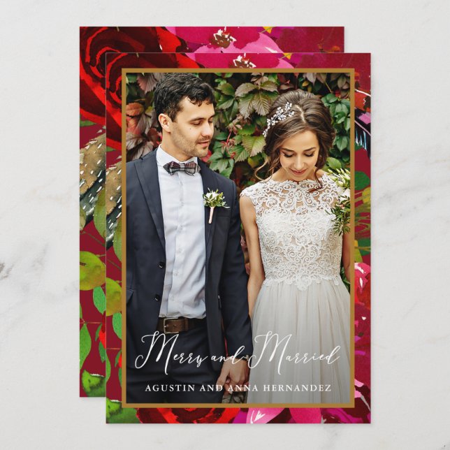Merry and Married Red Floral Back Holiday Greeting (Front/Back)