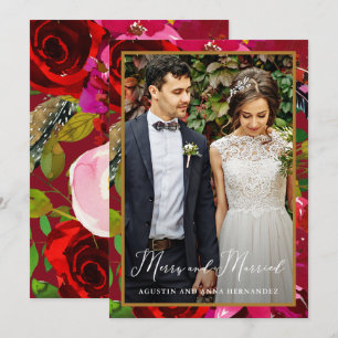 Merry and Married Red Floral Back Holiday Greeting Card