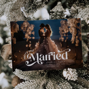 Merry and Married Retro Swirl Wedding Holiday Card