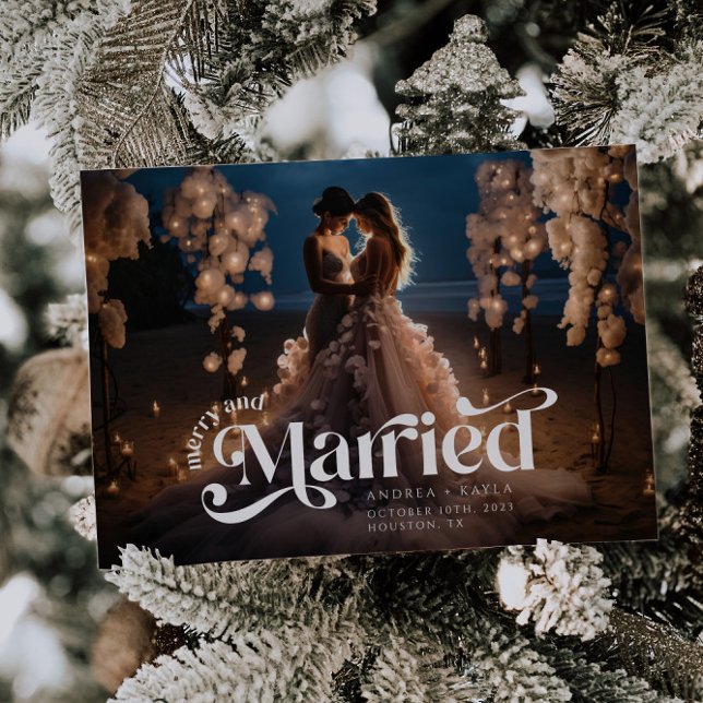 Merry and Married Retro Swirl Wedding Holiday Card (Creator Uploaded)