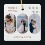 Merry and Married Rounded Lozenge Photos Any Colou Ceramic Ornament<br><div class="desc">Merry and Married photo ornament for newlyweds or lifelong couples. The design features 6 photos and fully editable wording for you to personalise however you wish. You can also change the colours of the background, lettering and the deco dots. Your photos are displayed in 16:9 portrait format and the photo...</div>