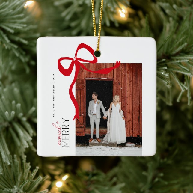 Merry and Married Script 2 Photos Christmas Bow Ceramic Ornament (Tree)