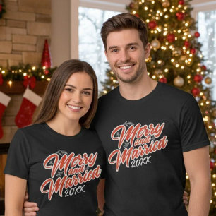 Merry and Married Script Custom Year Red on Black T-Shirt