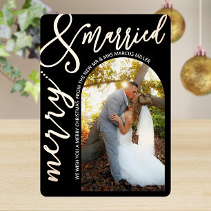 Merry And Married Script Photo Black Rose Gold