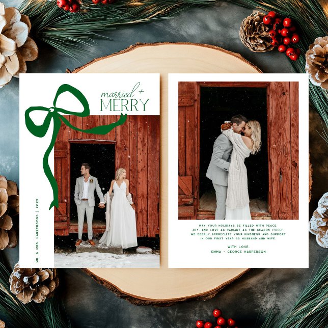 Merry and Married Script Photo Christmas Green Bow Holiday Card (Creator Uploaded)
