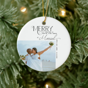 Merry and Married Script Photo Christmas Newlyweds Ceramic Tree Decoration