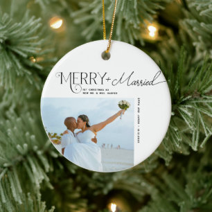 Merry and Married Script Photo Christmas Newlyweds Ceramic Tree Decoration