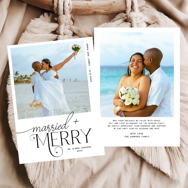Merry and Married Script Photo Christmas Newlyweds Holiday Card (Creator Uploaded)