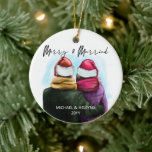 Merry and Married Script Watercolor Couple Names Ceramic Tree Decoration<br><div class="desc">Merry and Married, personalised christmas tree ornament. This watercolor design has a trendy illustration of a couple wearing santa hats. "Merry & Married" is hand lettered in modern script and the template is ready for you to add your names and the year. Double sided with the same design on both...</div>