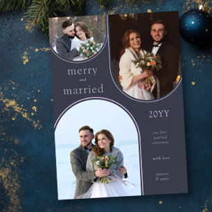 Merry and Married Simple Modern Newlywed 3 Photo Holiday Card