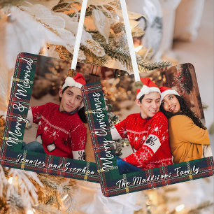 Merry and Married Tartan plaid Family Photo Metal Tree Decoration