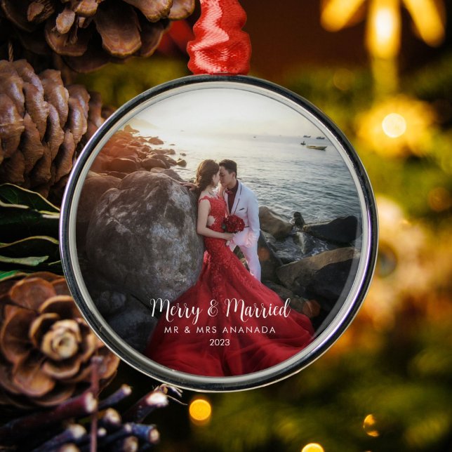 Merry and Married Timeless & Classic Newlyweds  Metal Tree Decoration (Available in multiple types of ornaments. Customize with your picture, names and date.)