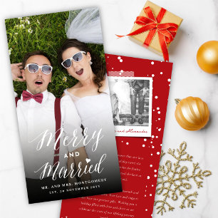 Merry And Married Trendy Script Photo Wedding  Holiday Card