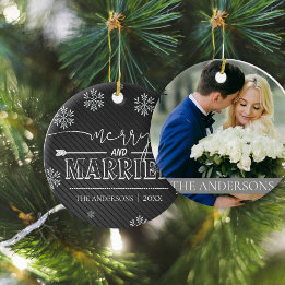 Merry And Married Typography First Christmas Photo Ceramic Tree Decoration