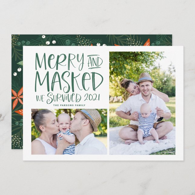 Merry and Masked We Survived 2021 Green Photo Holiday Card (Front/Back)