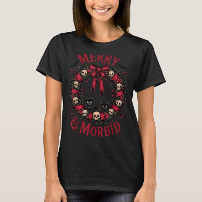 Merry And Morbid Christmas Funny Cute Cats Goth Cr T-Shirt (Front)