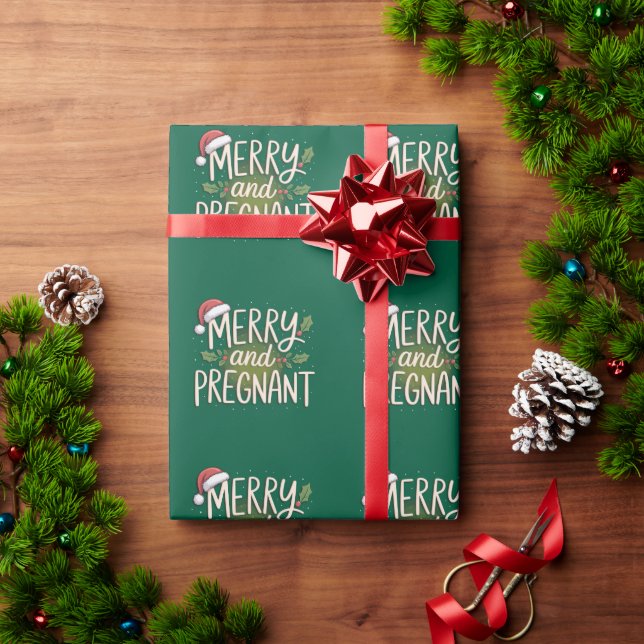 Merry and Pregnant Xmas Pregnancy Announcement Wrapping Paper (Holiday Gift)