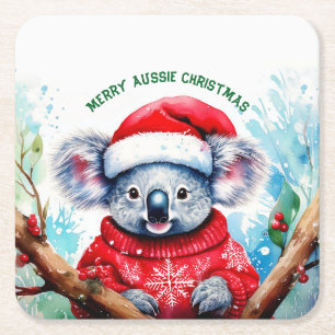 Merry Aussie Christmas Koala Square Paper Coaster