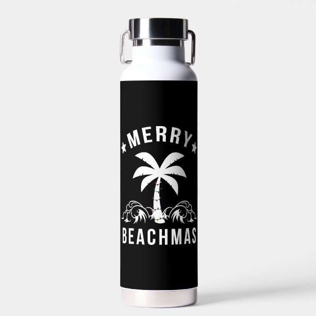 Merry Beachmas Palm Tree Beach Christmas Water Bottle (Front)