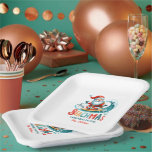 Merry Beachmas Santa Surfing Retro Design Paper Plate<br><div class="desc">Merry Beachmas,  Santa surfin',  colourful retro typography,  Christmas in July design.
Custom text.</div>