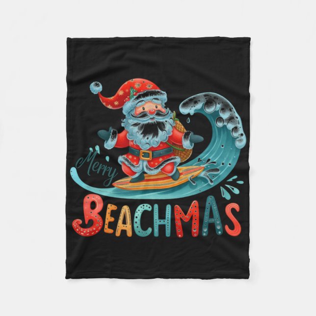 Merry Beachmas Santa Surfing Retro Design T Shirt  Fleece Blanket (Front)