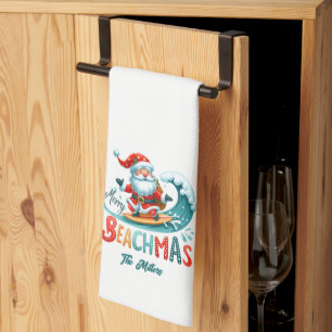 Merry Beachmas Santa Surfing Retro Design Tea Towel
