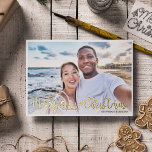 Merry Beachy Christmas fun vacation photo Foil Holiday Postcard<br><div class="desc">Share your favorite beach vacation picture with this fun and modern beach Christmas photo card featuring a trendy hand-lettered typography overlay that reads "Merry Beachy Christmas" decorated with waves, sun, and surfboard illustrations. Easily personalizable with one of your favorite holiday pictures and your names. The back of the card features...</div>