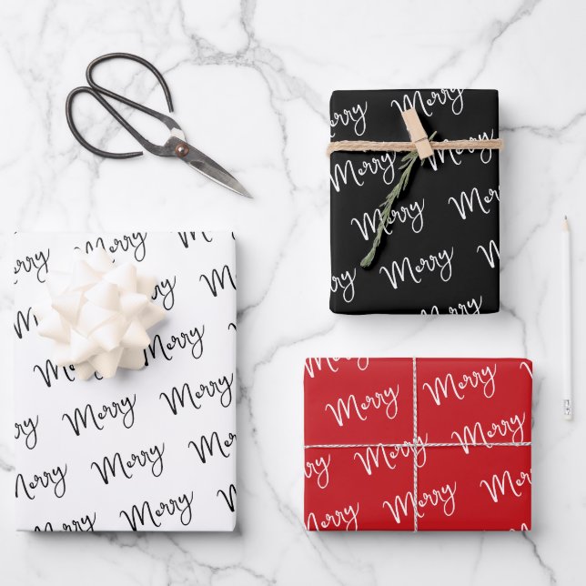 Merry Black white modern holiday gift minimal Wrapping Paper Sheet (Front)