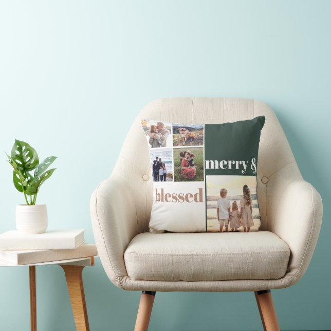 Merry & Blessed Family Christmas Photo Green Cushion (Chair)