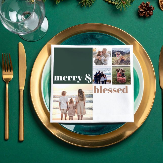 Merry & Blessed Family Christmas Photo Green Napkin (Creator Uploaded)