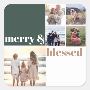 Merry & Blessed Family Christmas Photo Green Square Sticker