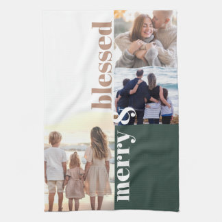 Merry & Blessed Family Christmas Photo Green Tea Towel