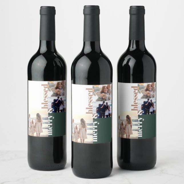 Merry & Blessed Family Christmas Photo Green Wine Label (Bottles)
