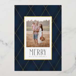 Merry Blue Argyle Pattern Holiday Photo Card