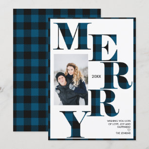 Merry   Blue Buffalo Plaid Vertical Photo Holiday Invitation