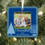 Merry Blue Interfaith Chrismukkah Double Sided Metal Tree Decoration<br><div class="desc">Create your own cute Chrismukkah ornament in light and dark blue and featuring your photo, front and back, for a one of a kind family keepsake. From the simple light blue Christmas tree to the matching pale blue Hanukkah menorah, this pastel and dark blue square metal ornament will commemorate your...</div>