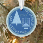 Merry Blue Interfaith Chrismukkah Photo Keepsake Ornament<br><div class="desc">Personalise this cute OUR 1ST CHRISMUKKAH ornament in light blue and dark blue for a one of a kind family keepsake. From the simple pastel blue Christmas tree to the matching pale blue Hanukkah menorah, this light blue and deep blue acrylic ornament will commemorate your first blended interfaith holiday. The...</div>