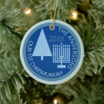 Merry Blue Interfaith Cute 1st Chrismukkah Photo Ceramic Tree Decoration<br><div class="desc">Personalise this cute OUR 1ST CHRISMUKKAH ornament in light blue and dark blue for a one of a kind family keepsake. From the simple pale blue Christmas tree to the matching light blue Hanukkah menorah, this pastel blue and deep blue ceramic ornament will commemorate your first blended interfaith holiday. Upload...</div>