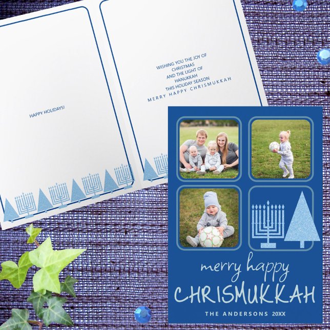 Merry Blue Interfaith Cute Handwriting 3 Photo Holiday Card (Easy to personalize, these menorah and tree holiday cards celebrate Christmas and Hanukkah together)
