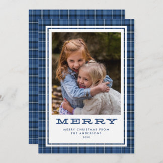 Merry Blue Plaid Single Photo Holiday Card