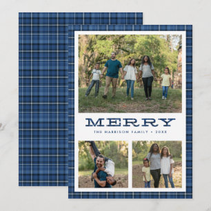Merry Blue Plaid Three Photo Christmas Holiday Card