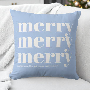 Merry Blue White Typography Fun Christmas Holiday Cushion