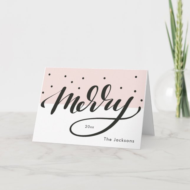 Merry Blush and Black Polka dots Script lettering Holiday Card (Front)