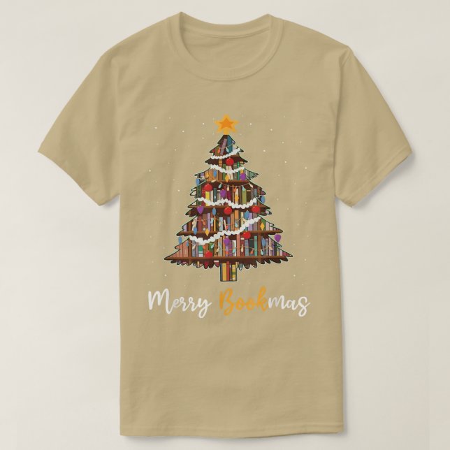 Merry Bookmas Book Christmas Tree Librarian Funny  T-Shirt (Design Front)
