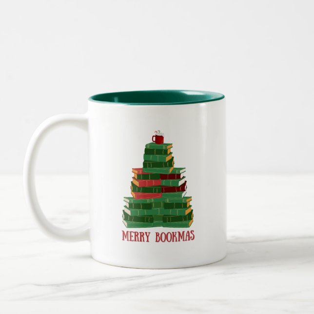 Merry Bookmas Book Tree Christmas Holiday Gift Two-Tone Coffee Mug (Left)
