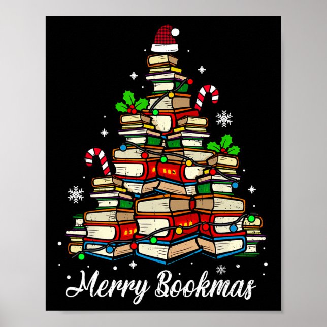 Merry Bookmas Books Christmas Tree Book Lover Sant Poster (Front)