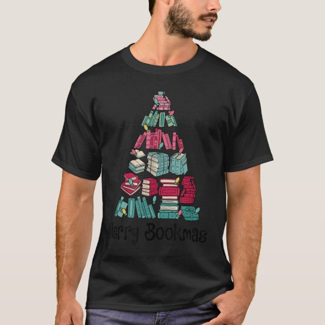 Merry Bookmas Books Ne Tree Funny Reading Lover Ch T-Shirt (Front)